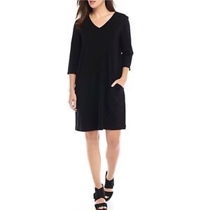 Eileen Fisher Black Viscose Jersey Three Quarter Sleeve V-Neck Dress